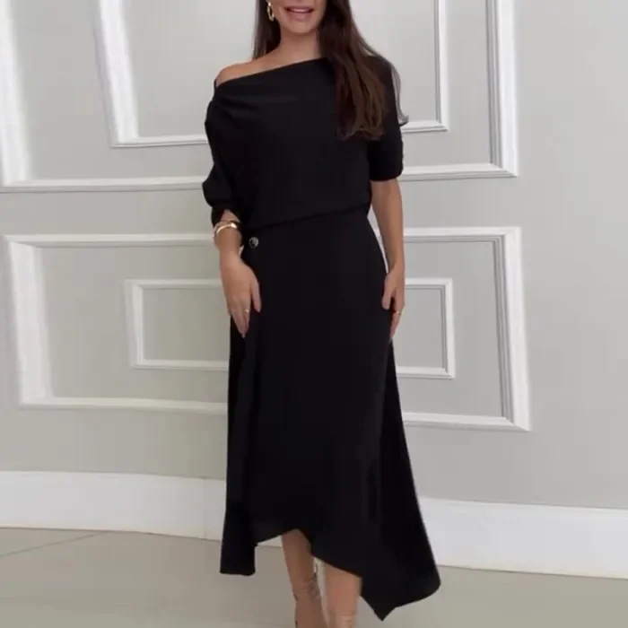 Solid Color Skew Collar Tops & Half Skirts Suits Women Casual Loose Long Sleeved Tops Two Piece Sets Elegant Commuting Outfits