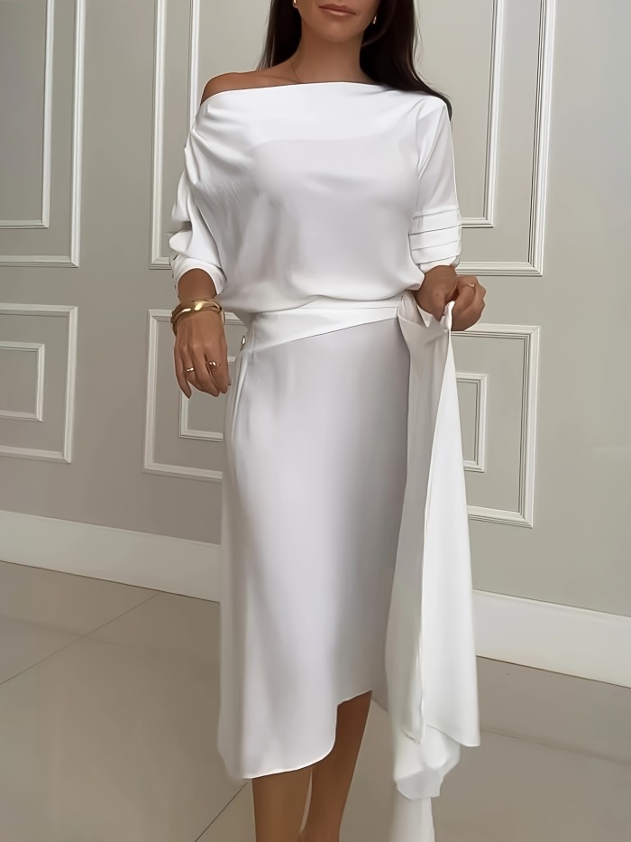 Solid Color Skew Collar Tops & Half Skirts Suits Women Casual Loose Long Sleeved Tops Two Piece Sets Elegant Commuting Outfits