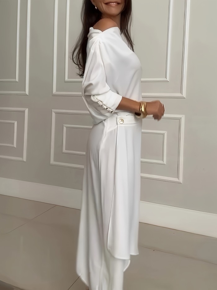 Solid Color Skew Collar Tops & Half Skirts Suits Women Casual Loose Long Sleeved Tops Two Piece Sets Elegant Commuting Outfits