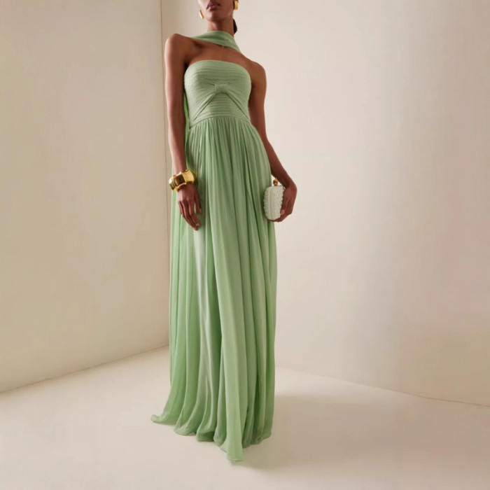 Elegant Strapless Evening Gown For Women Green Chiffon Hollow Out High Waist Long Dress Backless Party Outfit New