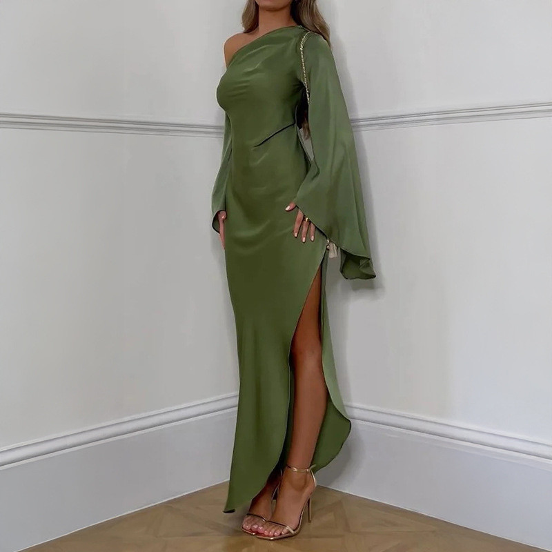 Green Asymmetrical Slim Women Robe Dress Sexy Off Shoulder Long Sleeved Party Dress