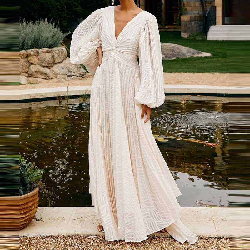 Sexy V-neck Lantern Sleeve Temperament Dress Women Fashion Jacquard Solid Loose Party Dress Elegant Draped Evening Long Dresses