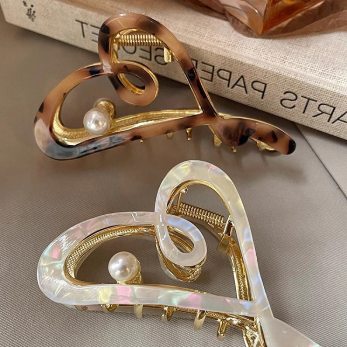 Elegant Imitation Pearl Metal Hair Clip for Women - Large Size Shark Clip with Heart & Music Note Design, Secure Hold Hair Accessory for Updos, Ponytails, Buns - Versatile Hairpin for Weddings, Parties, Daily Use, Hair Accessories for, Party Hairpiece, Sophisticated Style, Durable Hairpiece