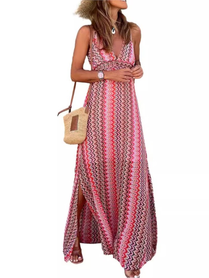 Summer New Bohemian Print Halter Neck Dresses Women Sexy V-neck Backless Slit Dress Fashion Casual Beach Vacation Vestidos Dress