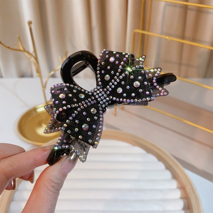 Elegant Bohemian Rhinestone Bow Hair Clip - Large Acrylic Shark Clip Accessory, Perfect for Women'S Daily Wear or Valentine'S Day Gift, Festive Holiday Design with Sparkling Stars and Sparkling Lights, Shark Clip for Wome