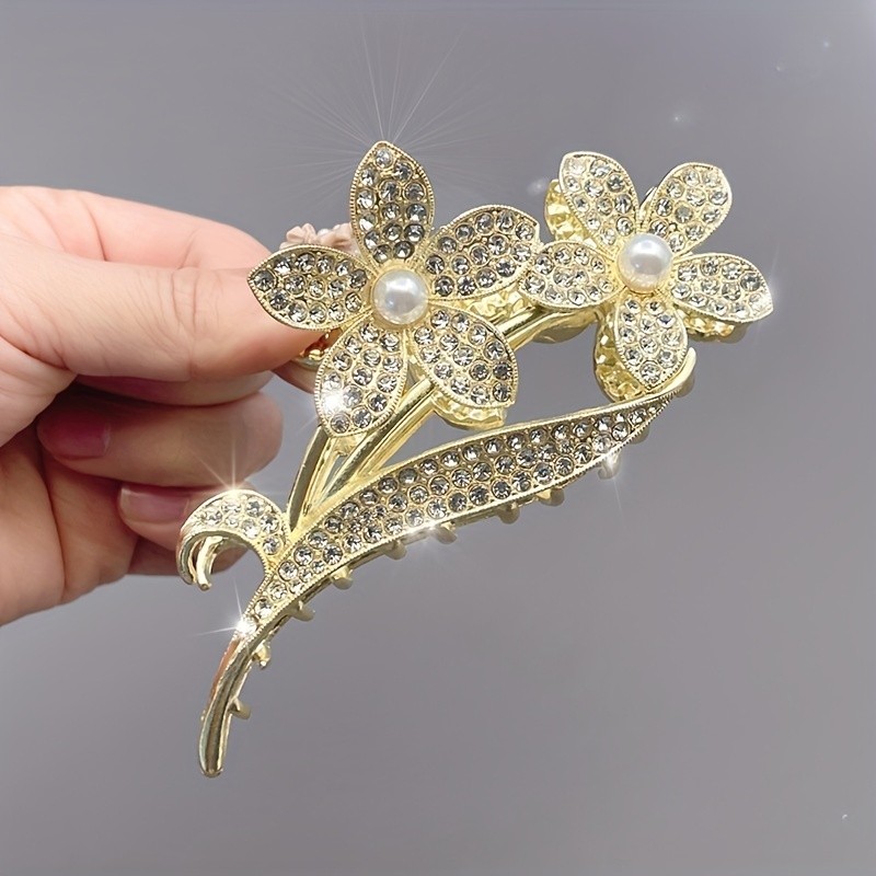 2025 New Elegant Rhinestone & Flower Hair Claw Clip - Large Sparkling Floral Hair Accessory for Women, Korean Style Bun Updo Clip for Valentine's Day, Weddings, Parties (Luxury Versatile Hair Clip), Cute Hair Accessories, Formal Hairstyle, Bridal Hairpiece