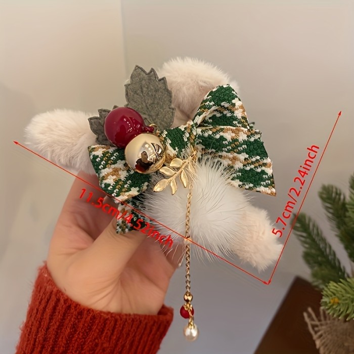 2pcs Elegant Christmas Plush Bow Tassel Hair Claw Clips for Women - Red & Green Rectangular Non-Slip Shark Clips with Faux Fur, Pine Leaves & Golden Accents, Secure Hold for Updos, Parties, Holidays, Mother's Day, Easter Gifts