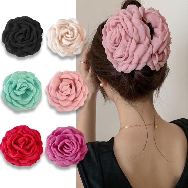 6pcs Large Rose Hair Claw Clips Set, Vintage Floral Design, Perfect for Casual Attire, Party, Beach Vacation, And Travel Styling