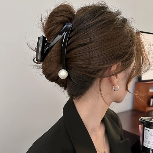 Elegant Z-Shaped Imitation Pearl Hair Clip for Women - Large, Black with White Pearl Accent, Perfect for Stylish Updos and Half-Up Hairstyles, Single Piece, Hair Accessories