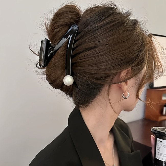 Elegant Z-Shaped Imitation Pearl Hair Clip for Women - Large, Black with White Pearl Accent, Perfect for Stylish Updos and Half-Up Hairstyles, Single Piece, Hair Accessories