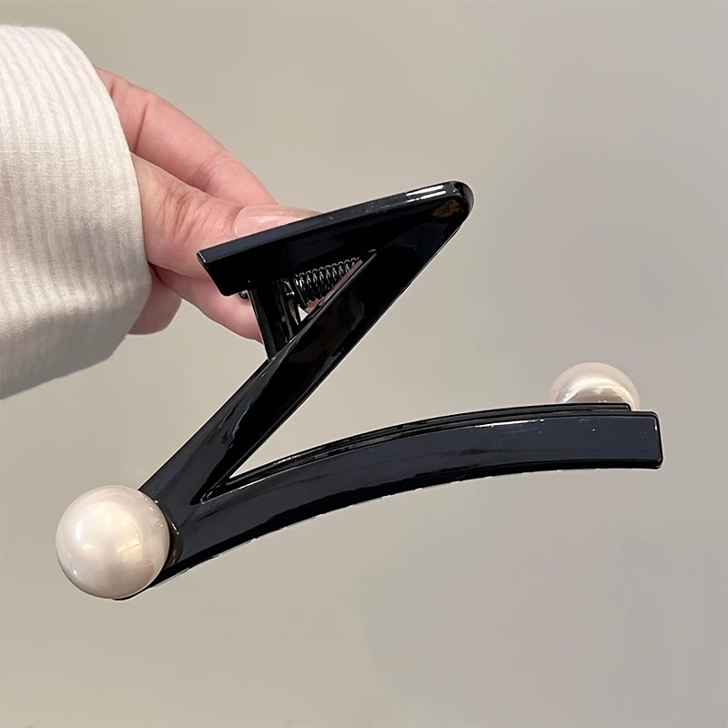 Elegant Z-Shaped Imitation Pearl Hair Clip for Women - Large, Black with White Pearl Accent, Perfect for Stylish Updos and Half-Up Hairstyles, Single Piece, Hair Accessories