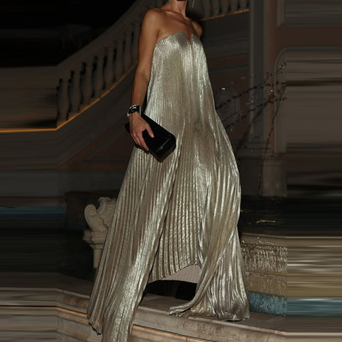 Elegant High Waisted Fold Long Dress Sexy Backless Party Floor-length Dress Show Style Sleeveless Chest Wrapping Evening Dress