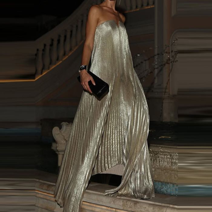 Elegant High Waisted Fold Long Dress Sexy Backless Party Floor-length Dress Show Style Sleeveless Chest Wrapping Evening Dress