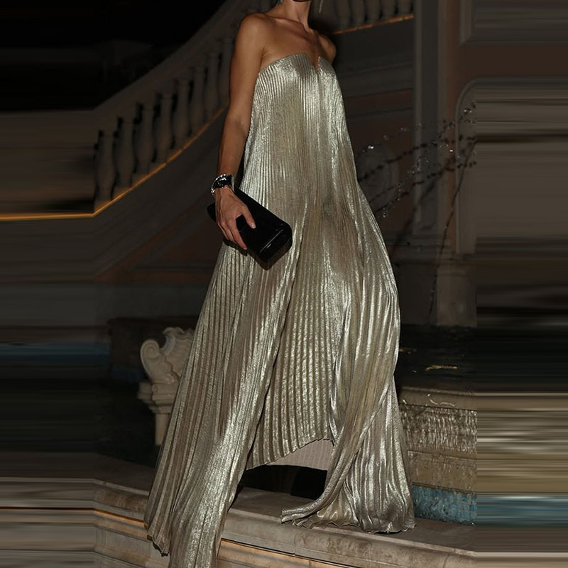 Elegant High Waisted Fold Long Dress Sexy Backless Party Floor-length Dress Show Style Sleeveless Chest Wrapping Evening Dress