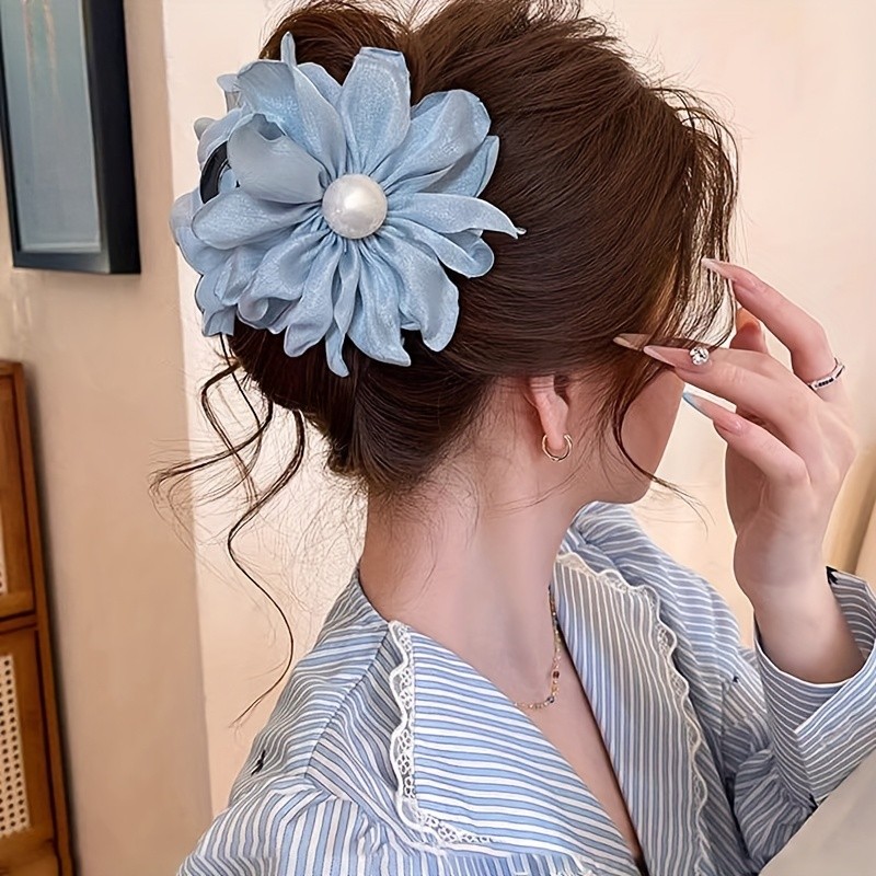 Women's Fabric Flower Hair Claw Clip - Sweet Style Embellished Medium Size Hair Accessory for Everyday & Party Wear, Solid Color Hair Clips for Updos, Ponytails, Buns, Cute Hair Accessories, Elegant Hairpiece