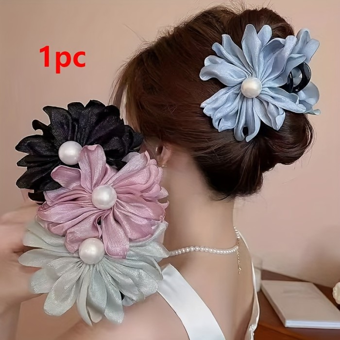 Women's Fabric Flower Hair Claw Clip - Sweet Style Embellished Medium Size Hair Accessory for Everyday & Party Wear, Solid Color Hair Clips for Updos, Ponytails, Buns, Cute Hair Accessories, Elegant Hairpiece