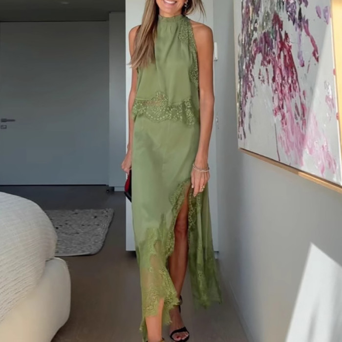 Lady Elegant Solid Color Lace Hollow Out 2 Piece Sexy Sleeveless O Neck Tank Tops Irregular Half Skirts Matching Sets Summer Set