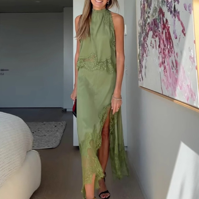 Lady Elegant Solid Color Lace Hollow Out 2 Piece Sexy Sleeveless O Neck Tank Tops Irregular Half Skirts Matching Sets Summer Set