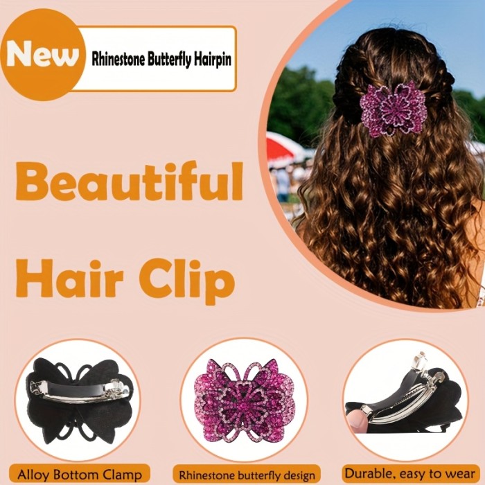 3\u002F5pcs Retro Rhinestone Butterfly Hair Clips - Sparkling Floral Hairpins for Women, Multi-Color Ponytail Holders for Parties, Proms, Daily Use & Mother's Day Gifts, Hair Accessories