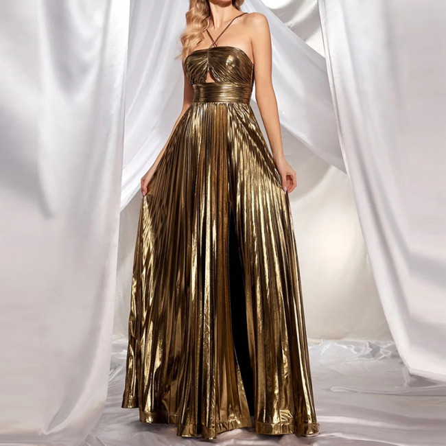 Sexy Hollow Out Sleeveless Pleated Evening Dress Casual Backless Swing Robe Dress Women's Clothing Halter High Waist Long Dress