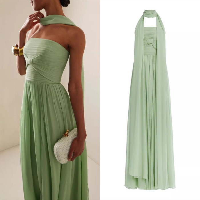 Elegant Strapless Evening Gown For Women Green Chiffon Hollow Out High Waist Long Dress Backless Party Outfit New