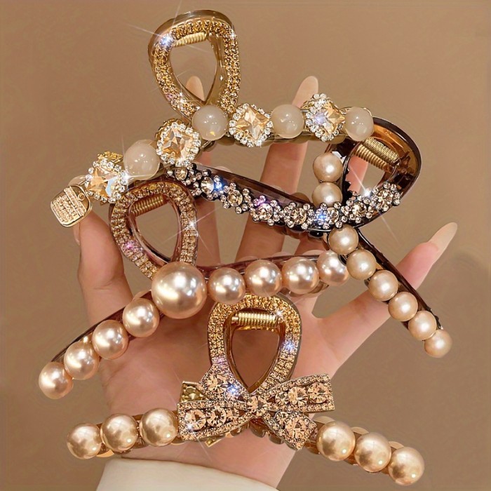 4-Pack Large Ladies Elegant Hairpins with & -Adorned Bow-like Clips - Golden-Tone Mixed Color Hair Clips (Pink, Brown, Golden, White) for Braids, Ponytails, Buns - Wedding, Party, Prom Hair Accessories, Non-Slip Grip