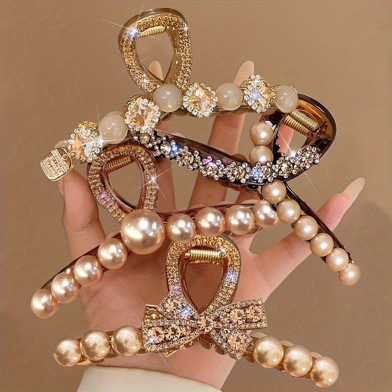 4-Pack Large Ladies Elegant Hairpins with & -Adorned Bow-like Clips - Golden-Tone Mixed Color Hair Clips (Pink, Brown, Golden, White) for Braids, Ponytails, Buns - Wedding, Party, Prom Hair Accessories, Non-Slip Grip