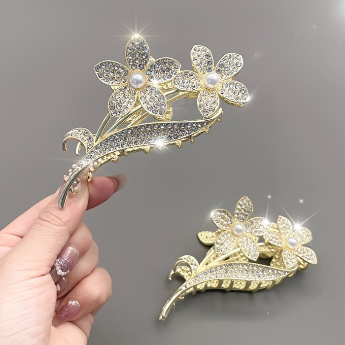 2025 New Elegant Rhinestone & Flower Hair Claw Clip - Large Sparkling Floral Hair Accessory for Women, Korean Style Bun Updo Clip for Valentine's Day, Weddings, Parties (Luxury Versatile Hair Clip), Cute Hair Accessories, Formal Hairstyle, Bridal Hairpiece