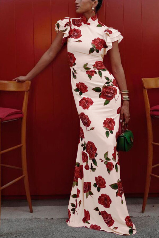 Fashion Rose Printed Slim Dress For Women Elegant High Collar Asymmetrical Splicing Ruffled Petal Sleeves A-line Long Dresses