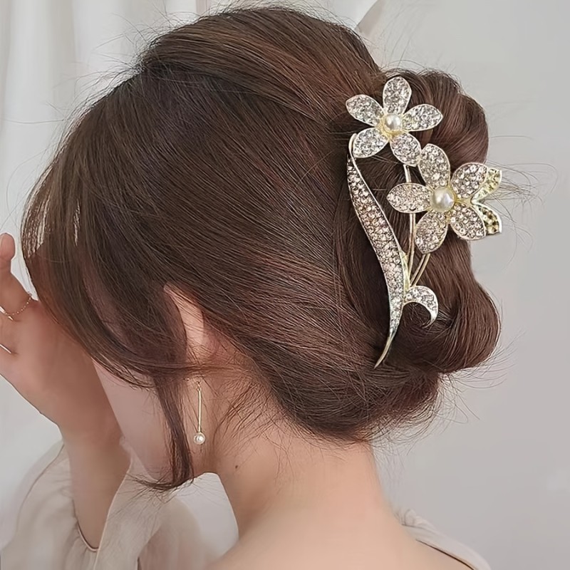 2025 New Elegant Rhinestone & Flower Hair Claw Clip - Large Sparkling Floral Hair Accessory for Women, Korean Style Bun Updo Clip for Valentine's Day, Weddings, Parties (Luxury Versatile Hair Clip), Cute Hair Accessories, Formal Hairstyle, Bridal Hairpiece