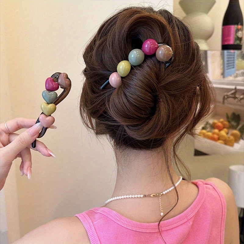 2pcs of new summer rainbow round bead twist hair clips, heart-shaped beads paired with a hair clip for the back of the head - versatile hair clips and hair accessories for s' Casual Attire