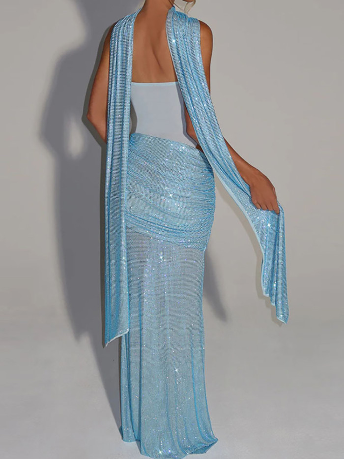 Strapless Sequins Patchwork Chic Maxi Dress, Women Summer Sleeveless Elegant Simple Sheath Dress, Holiday Backless Ladies Dress