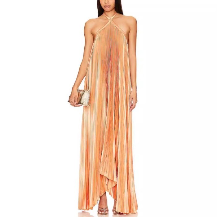 Halter Cross Straps Long Pleated Asymmetric Hem Sleeveless Backless Elegant Evening Long Maxi Dresses Sexy Holiday Chic Summer
