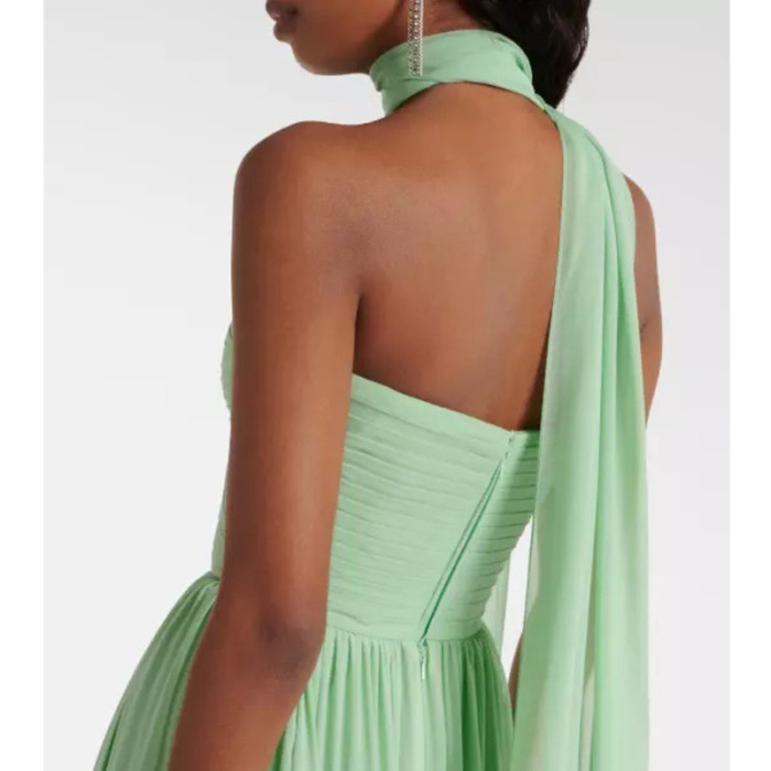 Elegant Strapless Evening Gown For Women Green Chiffon Hollow Out High Waist Long Dress Backless Party Outfit New