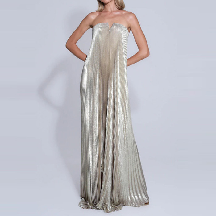 Elegant High Waisted Fold Long Dress Sexy Backless Party Floor-length Dress Show Style Sleeveless Chest Wrapping Evening Dress