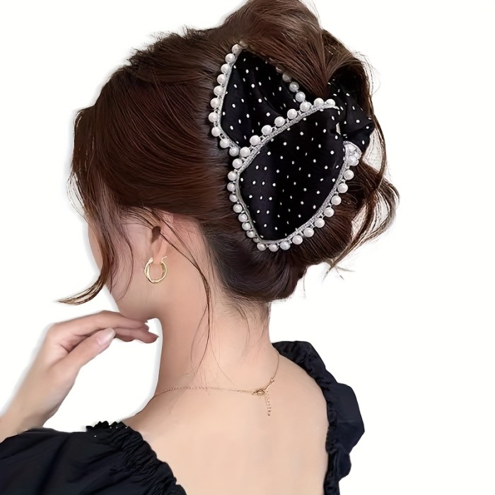 1pc Elegant Black & White Polka Dot Large Hair Clip for Women - Vintage Style Acrylic Hairpin with Pearl Accents, Perfect for Daily Wear & Party Accessories, Party Hair Accessory | Vintage Hair Clip | Acrylic Hairpin, Hair Accessories