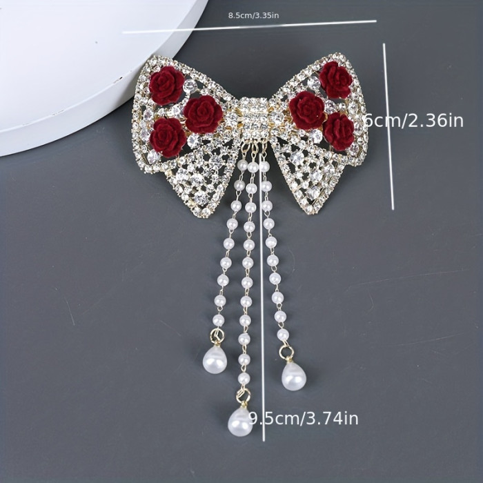 1pc, Elegant High Quality Exquisite Tassel Hair Clip, Flower Theme Rhinestone Bow Design Hair Clip, Women's Princess Style Hair Accessories, Photography Props, Ideal for Valentine's Day Gifts