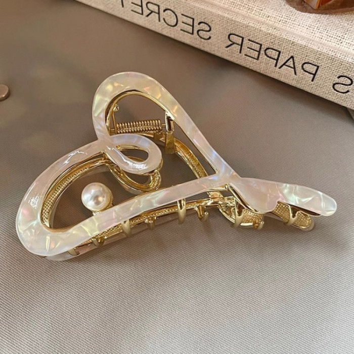 Elegant Imitation Pearl Metal Hair Clip for Women - Large Size Shark Clip with Heart & Music Note Design, Secure Hold Hair Accessory for Updos, Ponytails, Buns - Versatile Hairpin for Weddings, Parties, Daily Use, Hair Accessories for, Party Hairpiece, Sophisticated Style, Durable Hairpiece