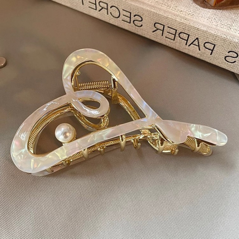 Elegant Imitation Pearl Metal Hair Clip for Women - Large Size Shark Clip with Heart & Music Note Design, Secure Hold Hair Accessory for Updos, Ponytails, Buns - Versatile Hairpin for Weddings, Parties, Daily Use, Hair Accessories for, Party Hairpiece, Sophisticated Style, Durable Hairpiece