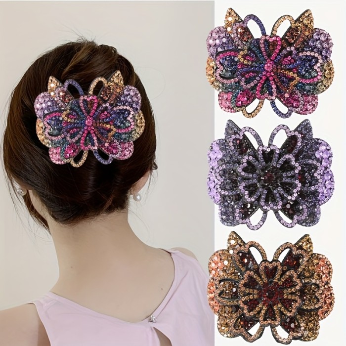 3\u002F5pcs Retro Rhinestone Butterfly Hair Clips - Sparkling Floral Hairpins for Women, Multi-Color Ponytail Holders for Parties, Proms, Daily Use & Mother's Day Gifts, Hair Accessories