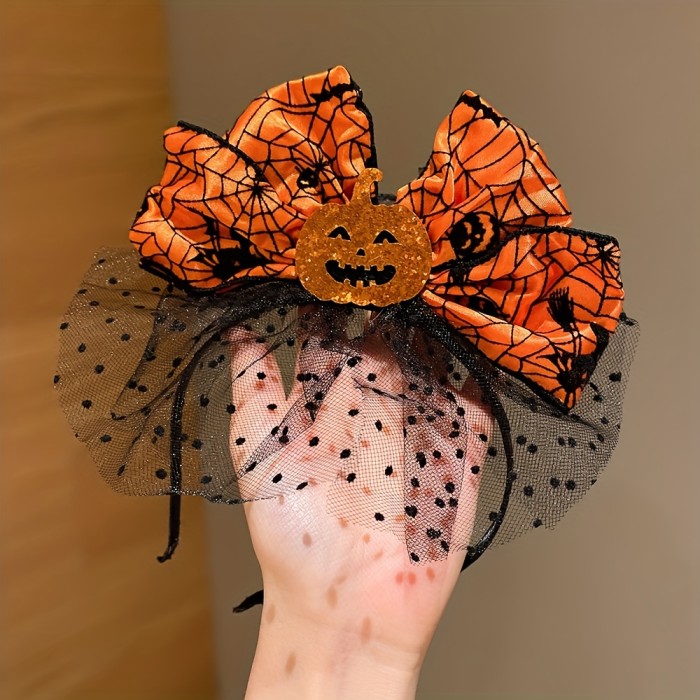 2 Pieces Halloween Pumpkin Headbands with Orange Spider Web Vintage Bows
