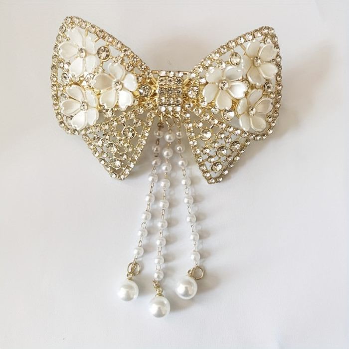 1pc, Elegant High Quality Exquisite Tassel Hair Clip, Flower Theme Rhinestone Bow Design Hair Clip, Women's Princess Style Hair Accessories, Photography Props, Ideal for Valentine's Day Gifts