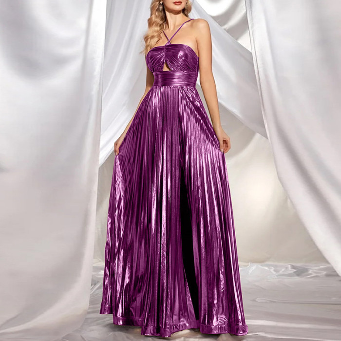 Sexy Hollow Out Sleeveless Pleated Evening Dress Casual Backless Swing Robe Dress Women's Clothing Halter High Waist Long Dress