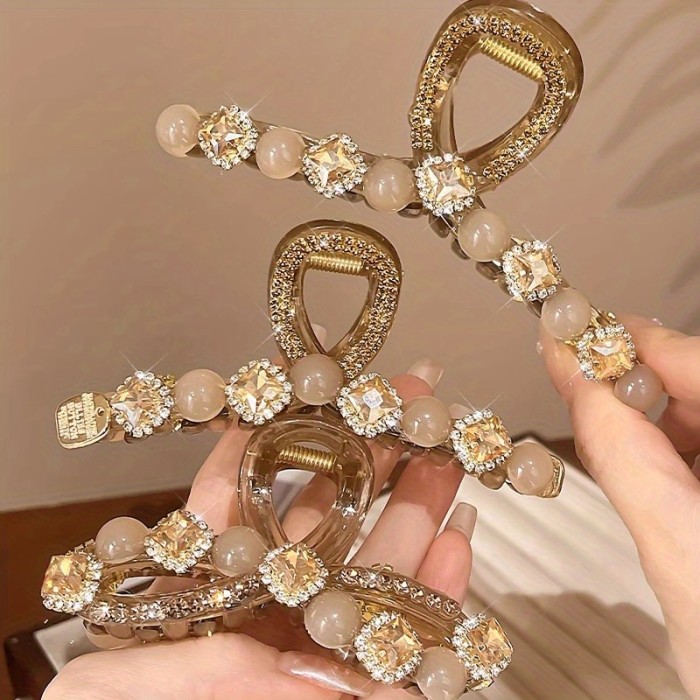 4-Pack Large Ladies Elegant Hairpins with & -Adorned Bow-like Clips - Golden-Tone Mixed Color Hair Clips (Pink, Brown, Golden, White) for Braids, Ponytails, Buns - Wedding, Party, Prom Hair Accessories, Non-Slip Grip