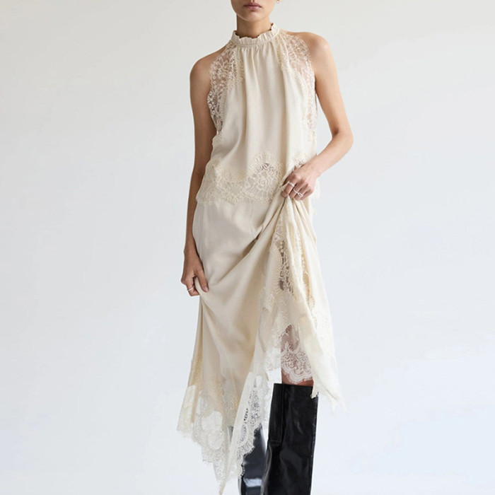 Lady Elegant Solid Color Lace Hollow Out 2 Piece Sexy Sleeveless O Neck Tank Tops Irregular Half Skirts Matching Sets Summer Set