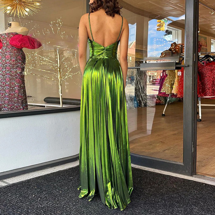 Women's Bronzing Shiny Gowns Evening Dress Luxury Sexy Hollow Strapless Sling Long Dresses Spring Summer Backless Zip Maxi Dress