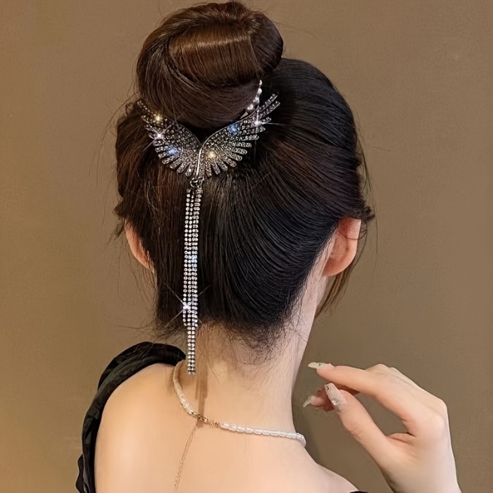 1pc Innovative Sparkling Butterfly Wings Tassel Hair Clip - Elegant Rhinestone And Decorative Ponytail, Chic Headwear for Women And s, Cute\u002Fsweet Style, Special Occasion Accessory, Perfect Gift for Wife, Daughter, Mother, Friend!