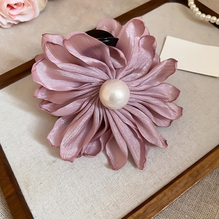 Women's Fabric Flower Hair Claw Clip - Sweet Style Embellished Medium Size Hair Accessory for Everyday & Party Wear, Solid Color Hair Clips for Updos, Ponytails, Buns, Cute Hair Accessories, Elegant Hairpiece