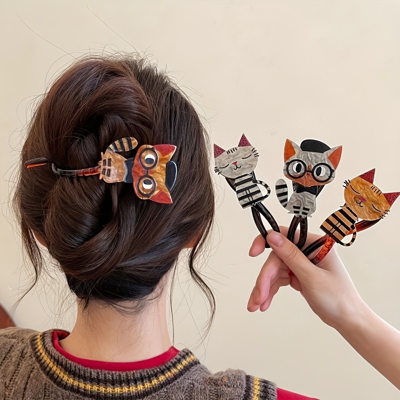 4pcs Cute Cat Hair Clips 4pcs Cute Cartoon Cat Acrylic Hair Clips Set | Colorful Animal Prints, Sweet Style Twisted Hair Clips for Women & Girls | Perfect Gifts for Mother's Day, Christmas, Birthdays, Love & Holidays
