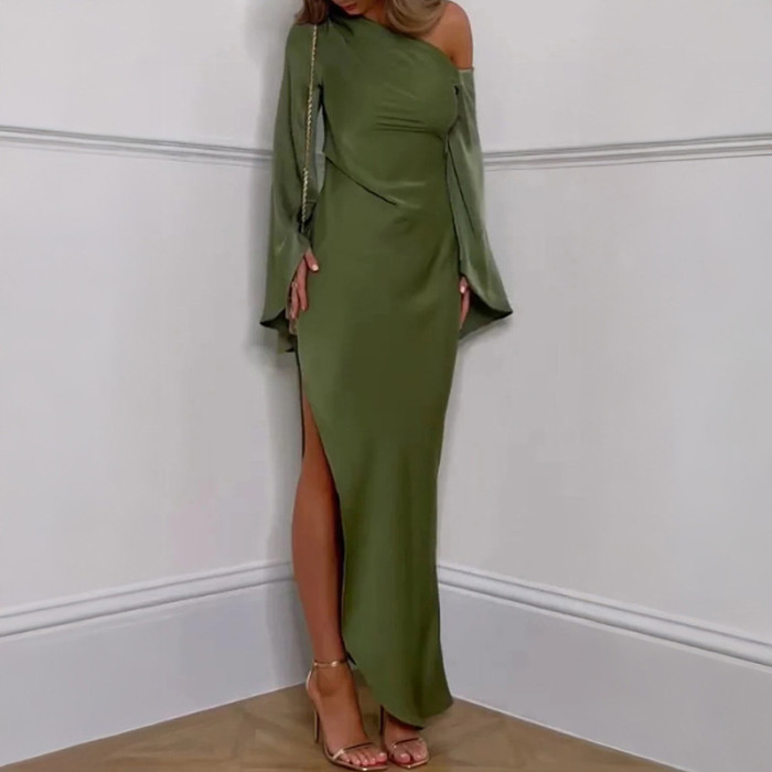 Green Asymmetrical Slim Women Robe Dress Sexy Off Shoulder Long Sleeved Party Dress